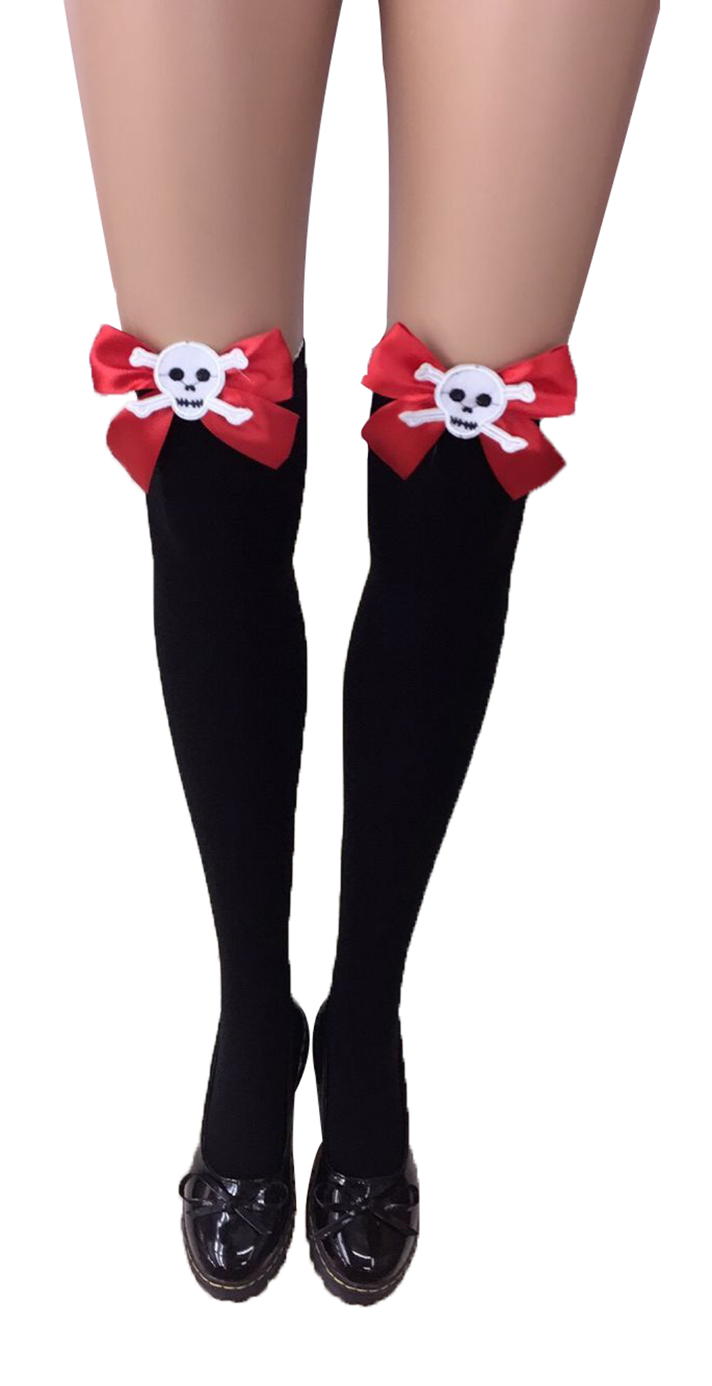 F8195-1 Thigh Stocking with Satin Bows Opaque Over The Knee Halloween Socks